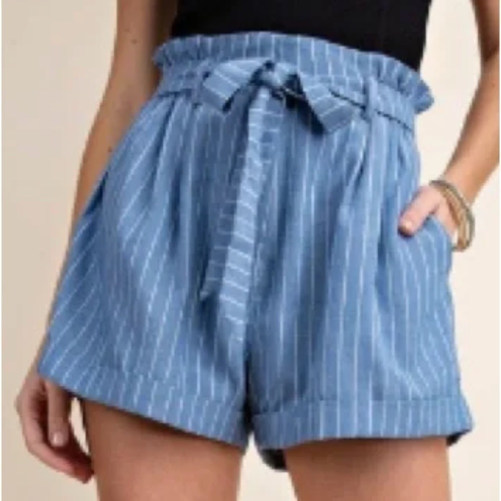 Kori America blue with white pinstripe paper bag shorts with sash